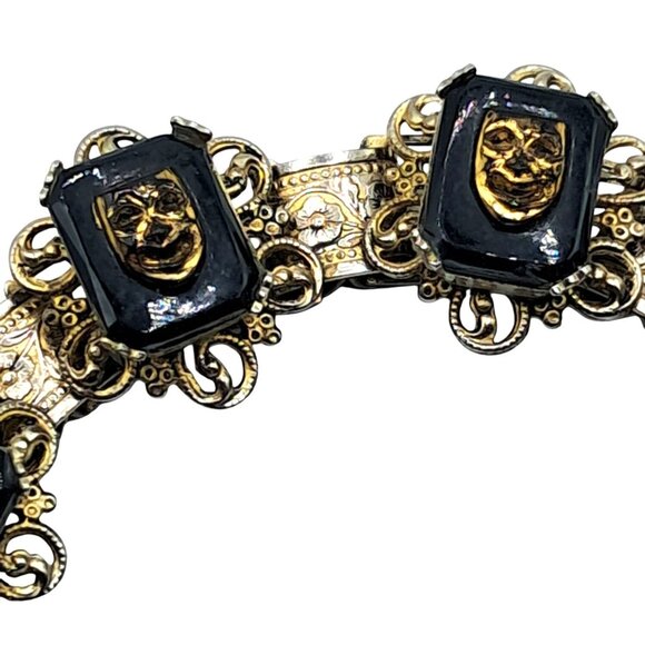 Vintage Comedy Tragedy Bookchain Bracelet Black Tile Link Gold Tone Masks Costum - Picture 2 of 6
